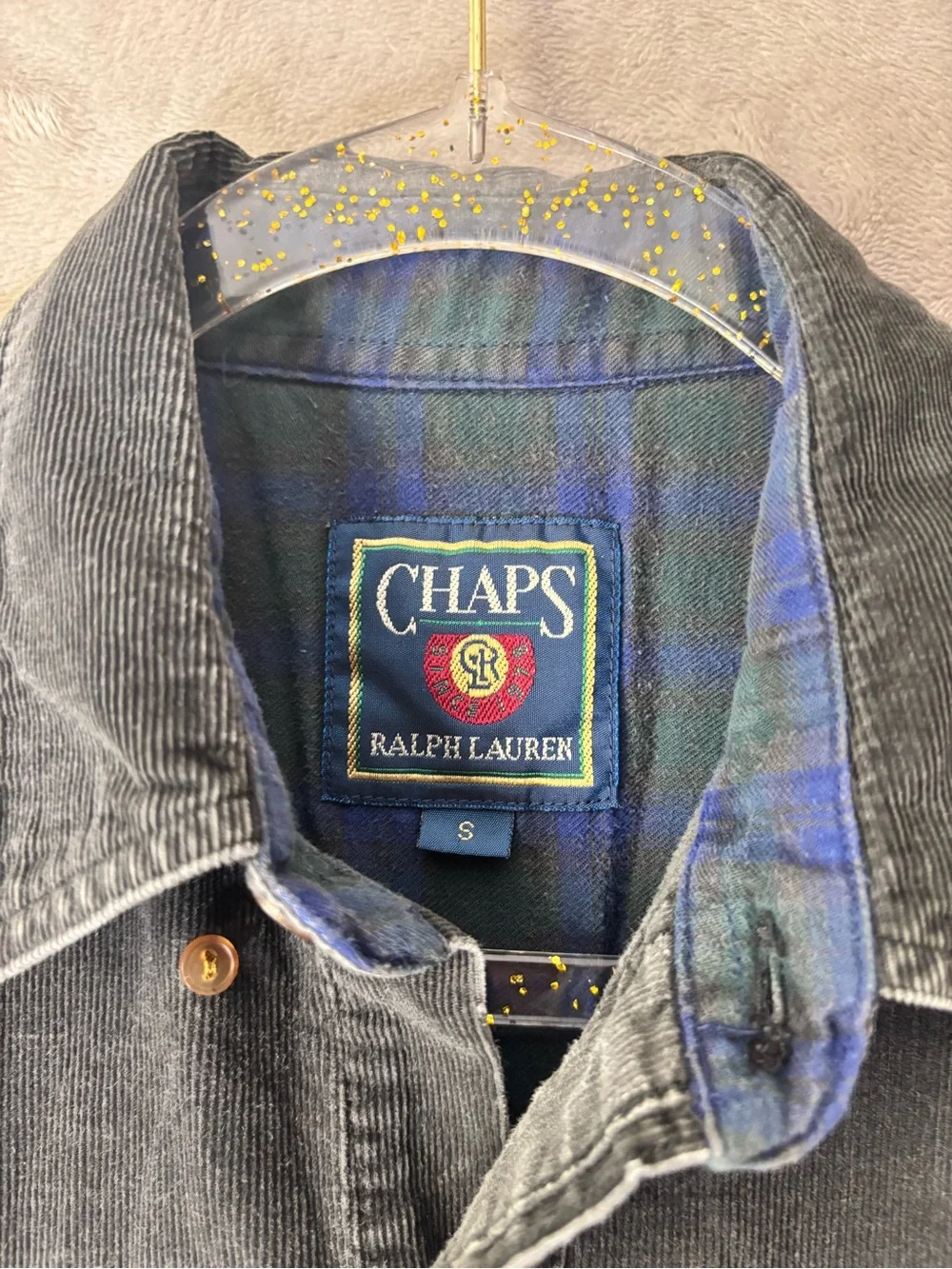 Vintage Chaps Ralph Lauren Shirt Mens Small Corduroy Gray Plaid Button Up